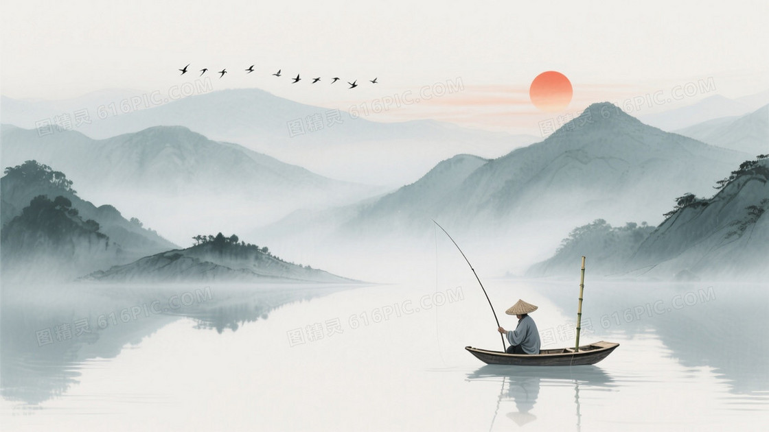 青灰水墨山水薄雾背景