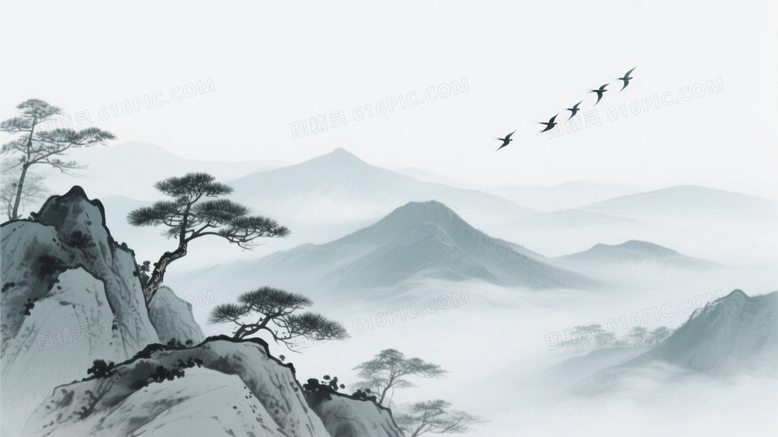 青灰水墨山水云雾背景