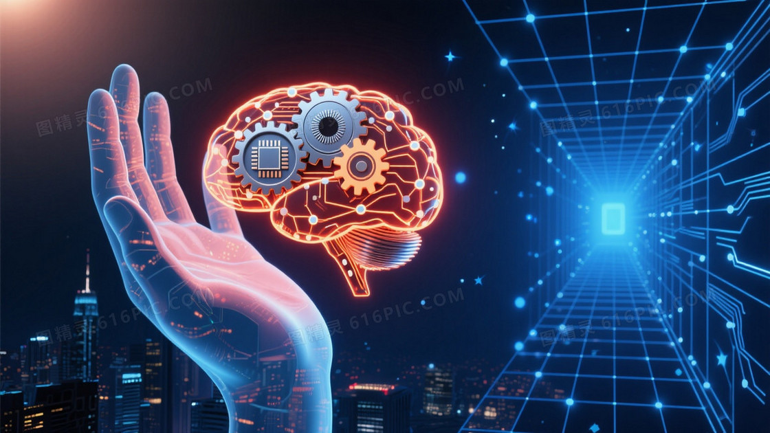 橙红青蓝渐变科技脑形背景