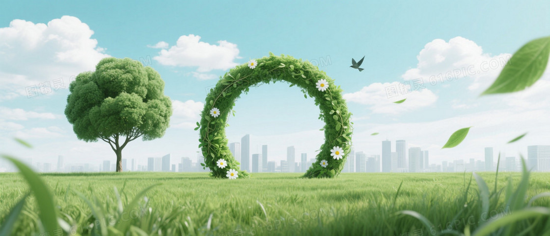 蓝绿清新自然生态拱门背景