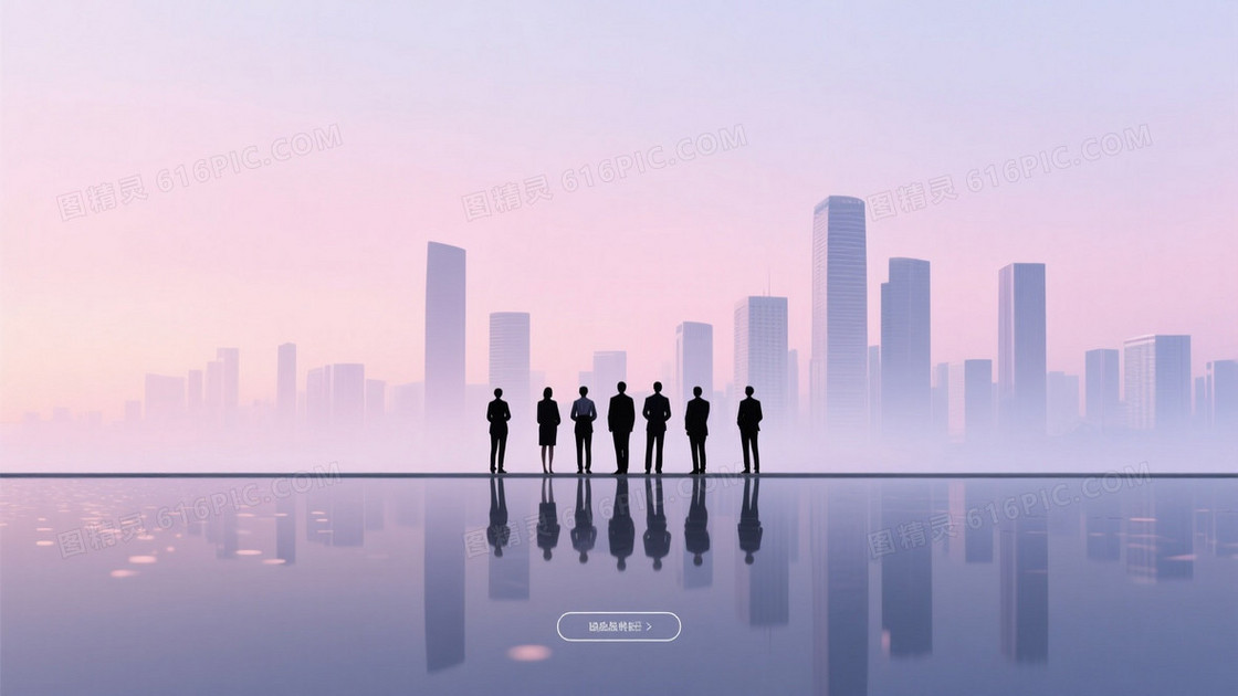 淡粉浅紫灰蓝渐变城市剪影背景