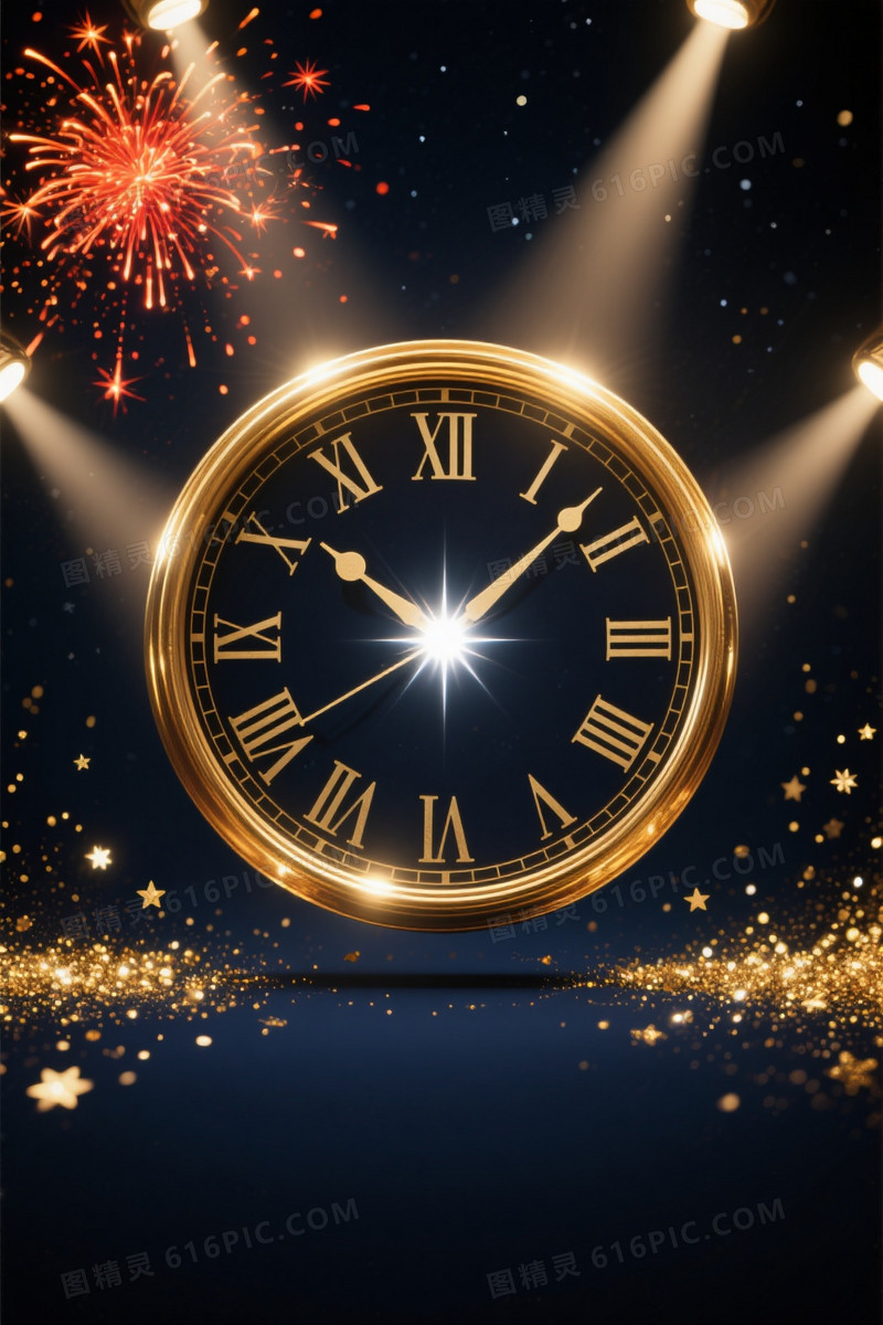 深蓝夜空金色钟面星芒背景
