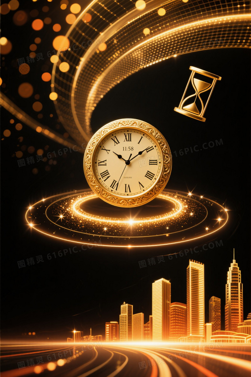 深黑金辉古典时钟都市背景