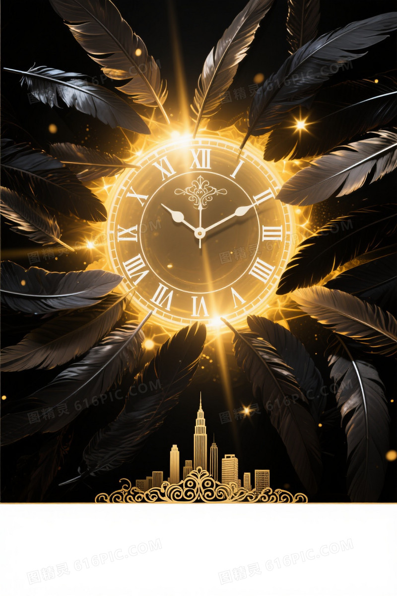 深黑乌鸦羽毛钟面光晕背景