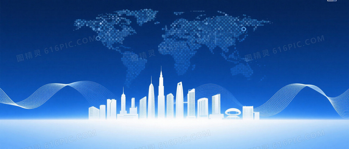 深蓝渐变六边形点阵世界地图背景