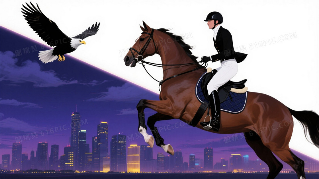 深蓝紫渐变都市夜景骏马雄鹰背景