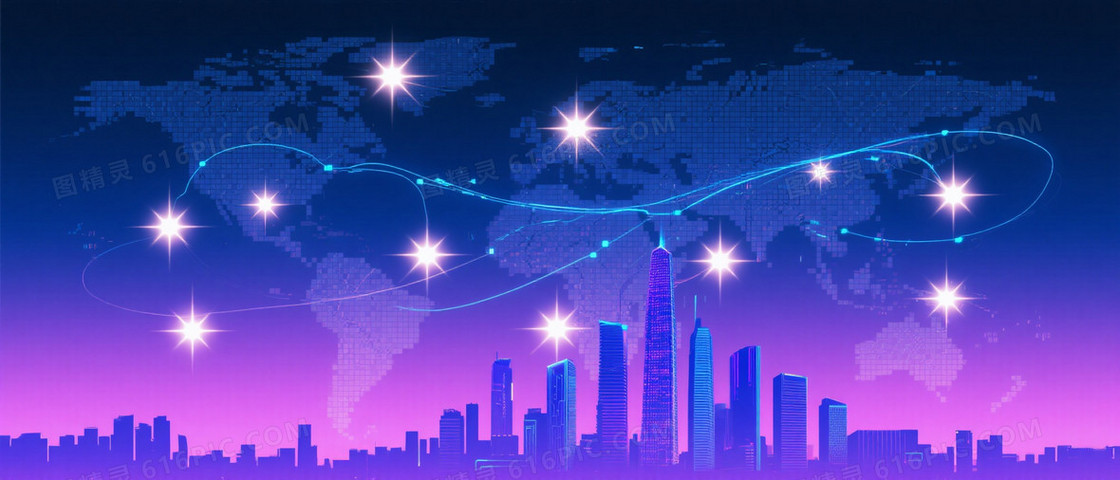 深蓝紫粉赛博科技城市背景