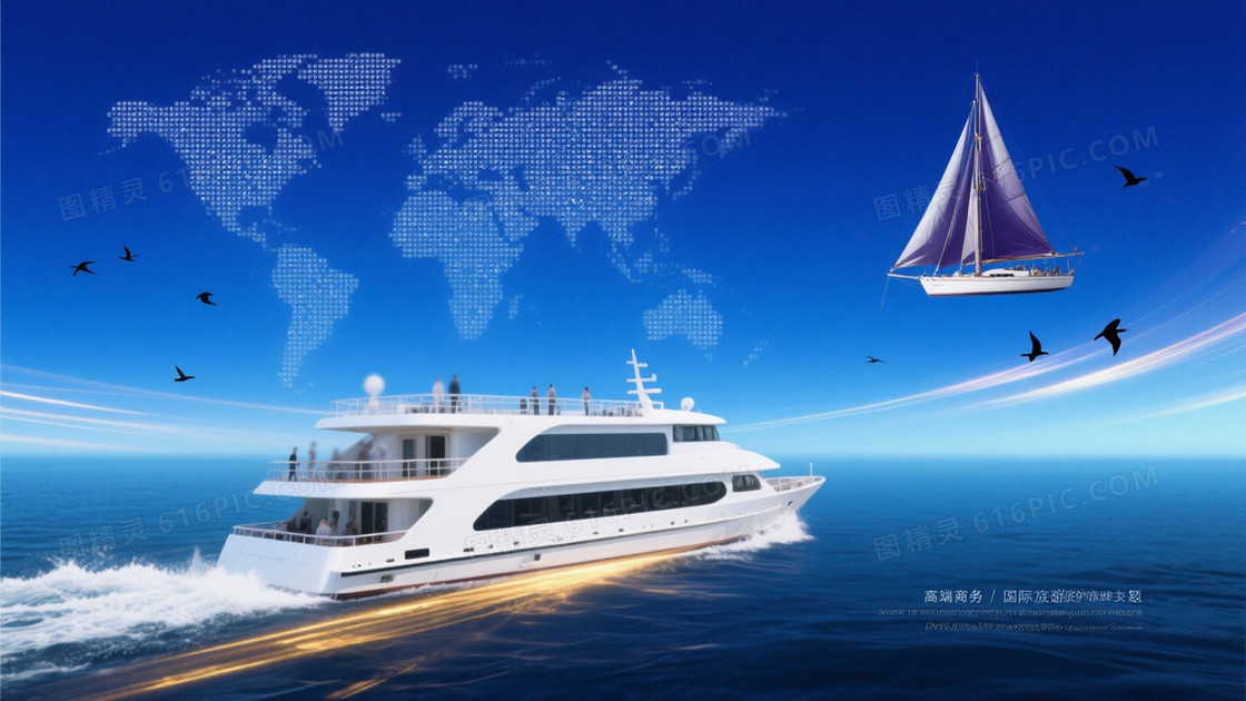 深邃蓝调世界地图游船背景