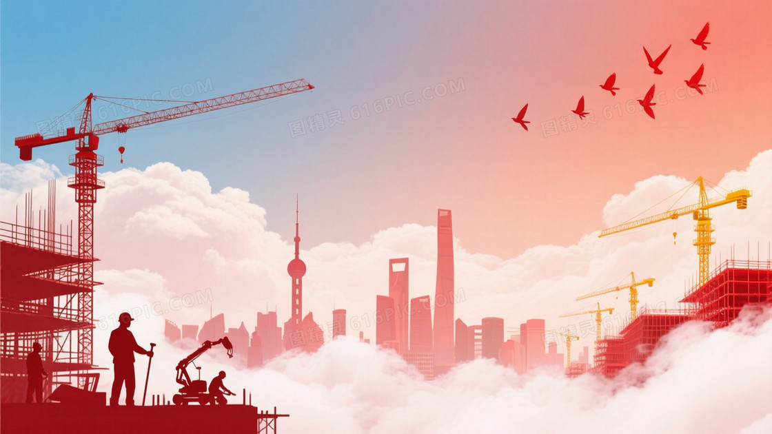 暖调渐变城市工地剪影背景