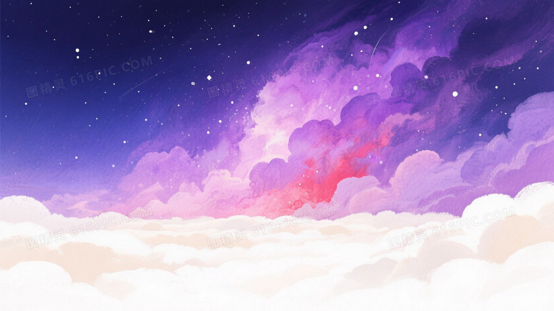 深紫靛蓝梦幻水彩云海背景