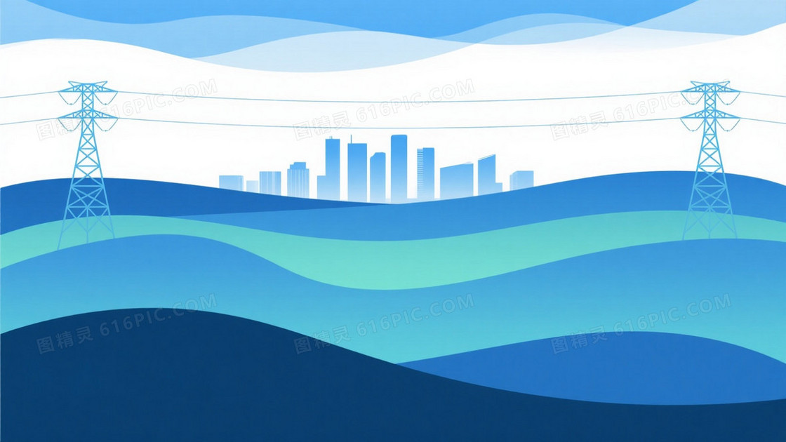 蓝白渐变波浪山丘城市剪影背景