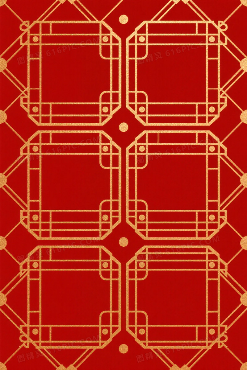 深红底金线几何窗棂背景