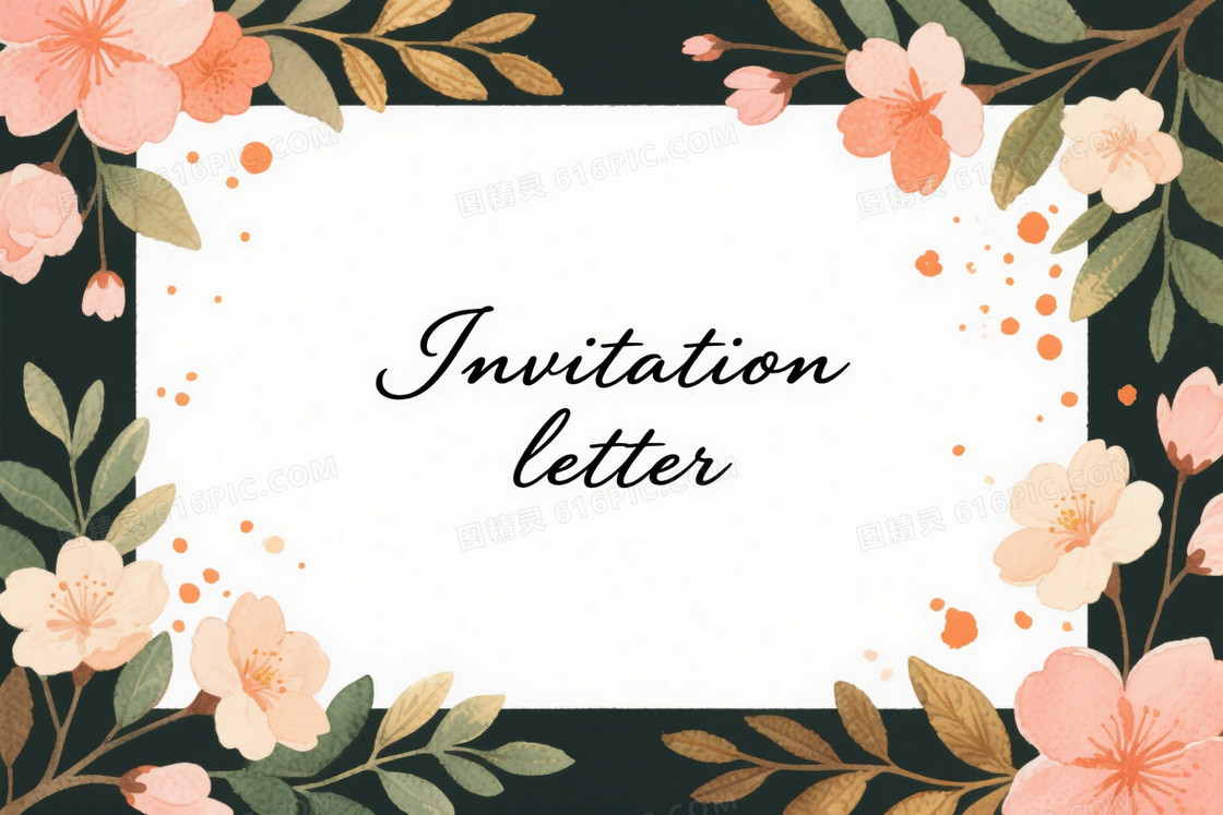 粉橙水彩手绘花卉边框背景