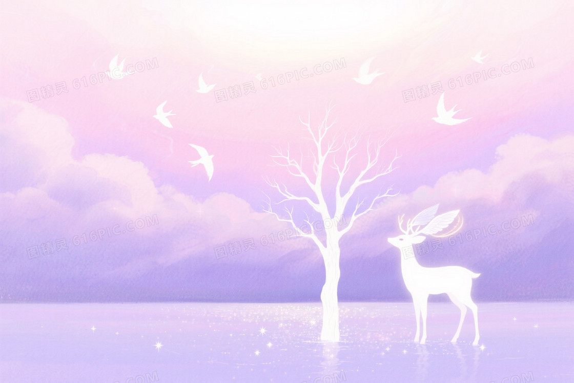 粉紫渐变水彩飞鸟枯树背景