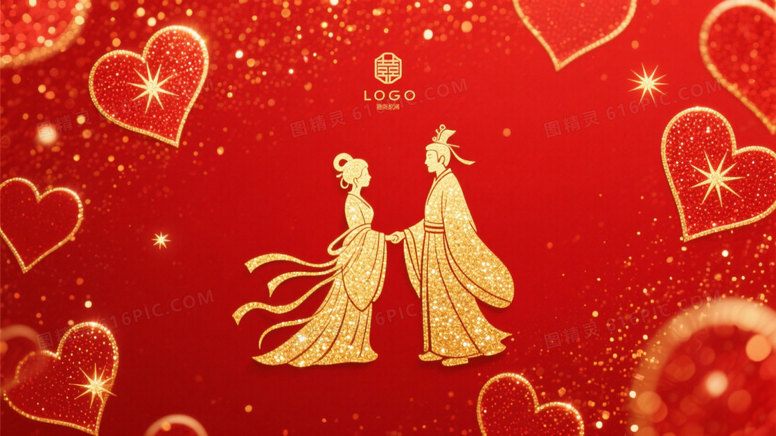 正红喜庆金闪古风情侣背景