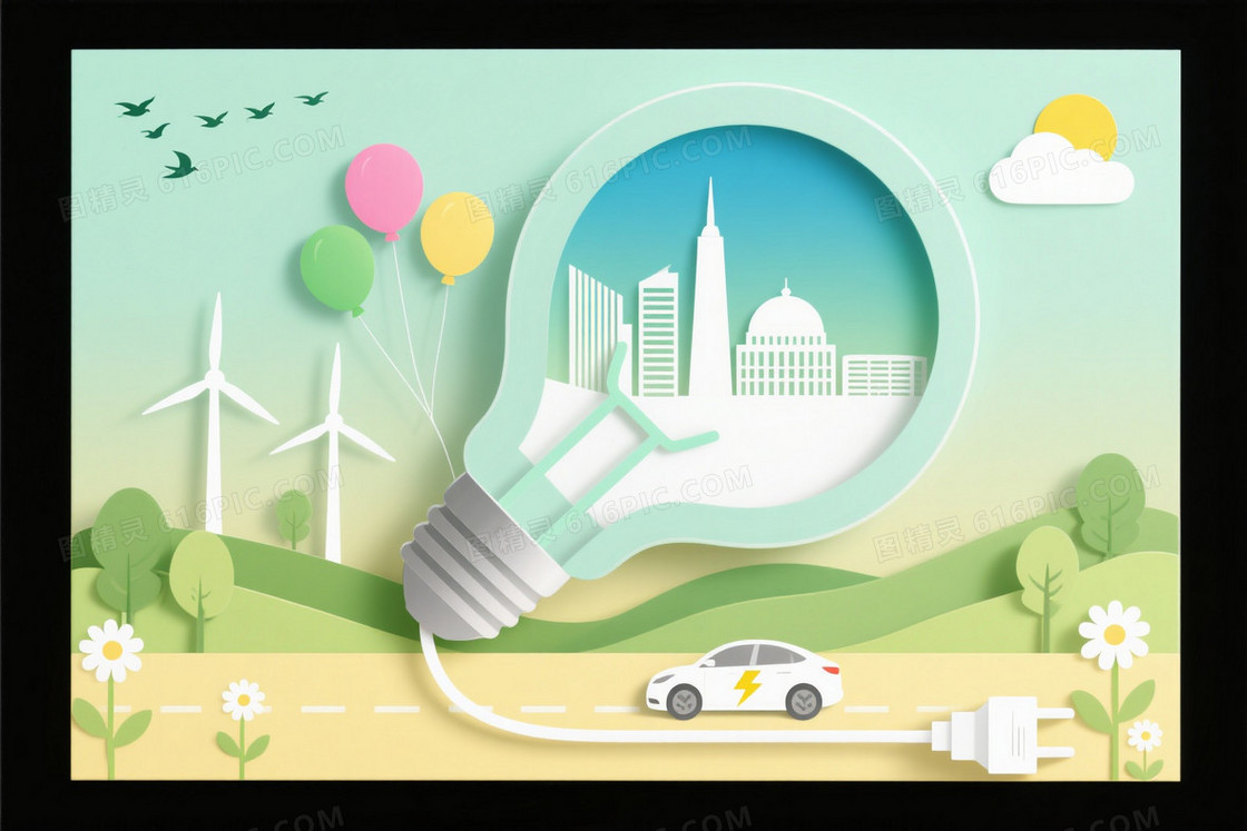 浅绿淡黄纸艺剪纸灯泡背景