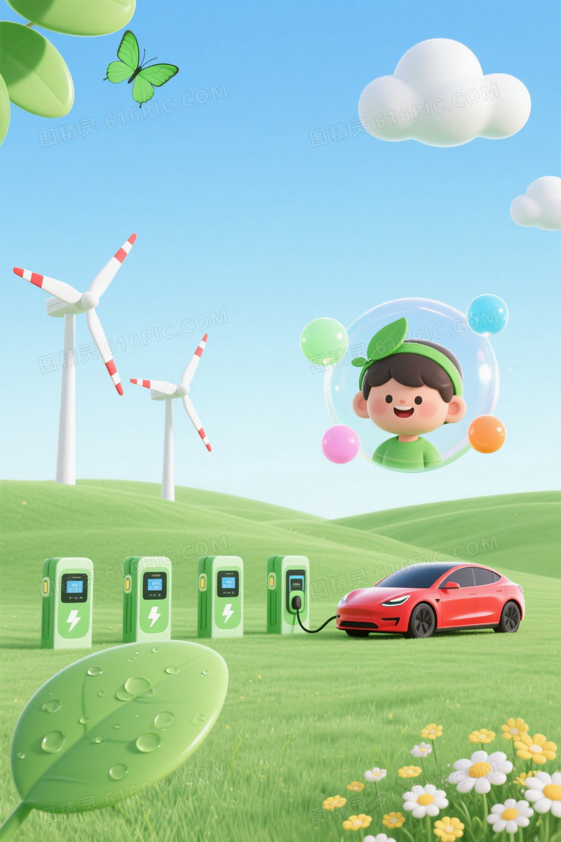 浅蓝渐变绿叶蝴蝶风车背景