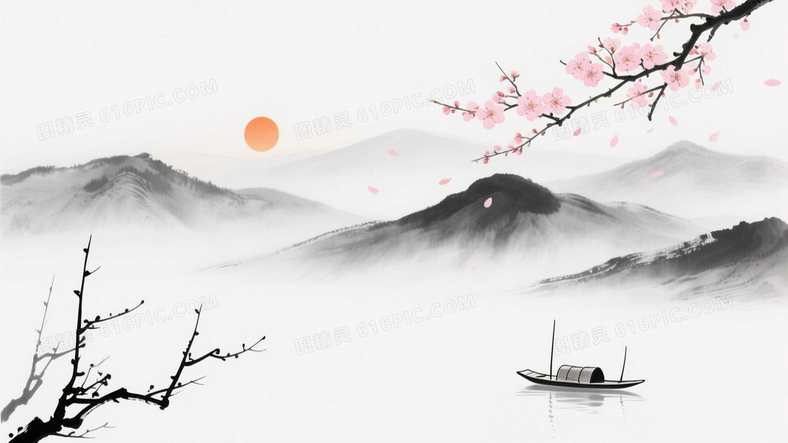 灰白水墨樱花梅枝山峦背景