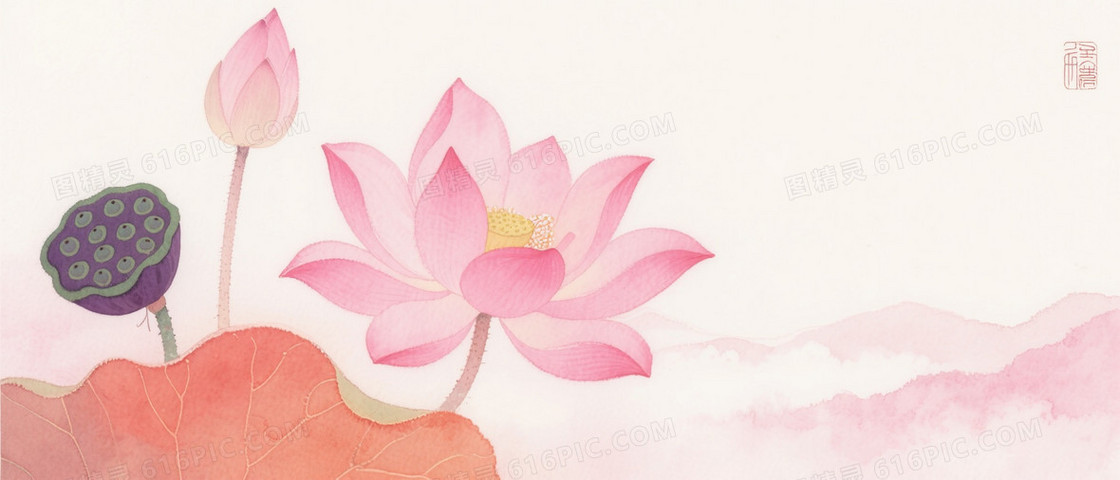 淡粉米白水彩莲花荷叶背景