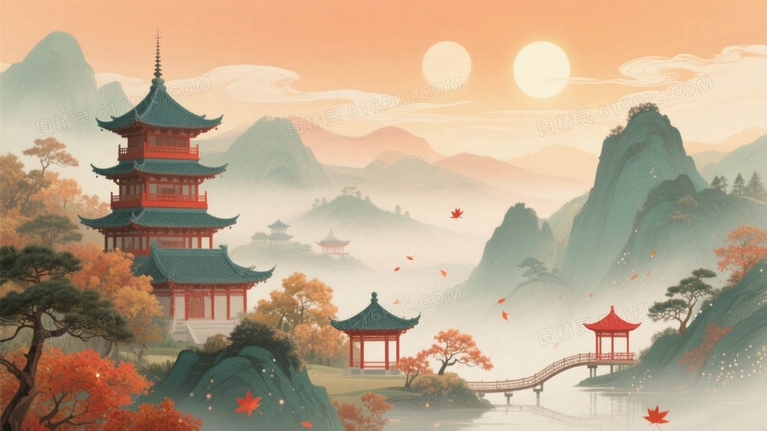 暖橙青绿山水楼阁背景