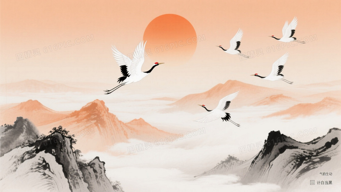 暖橙水墨山水白鹤背景