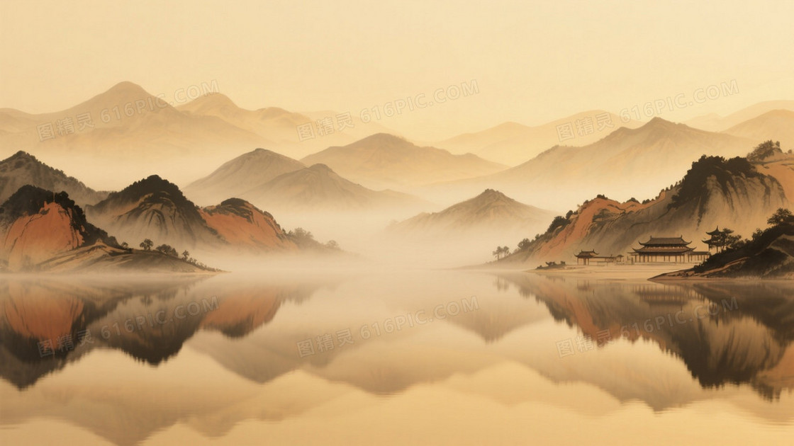暖金水墨山水雾霭背景