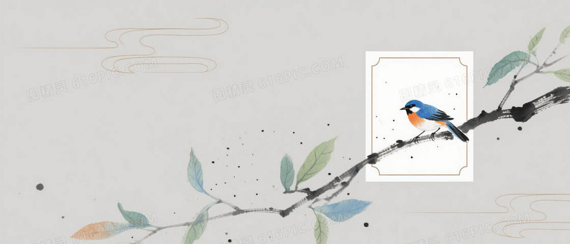浅灰水墨写意枝鸟背景