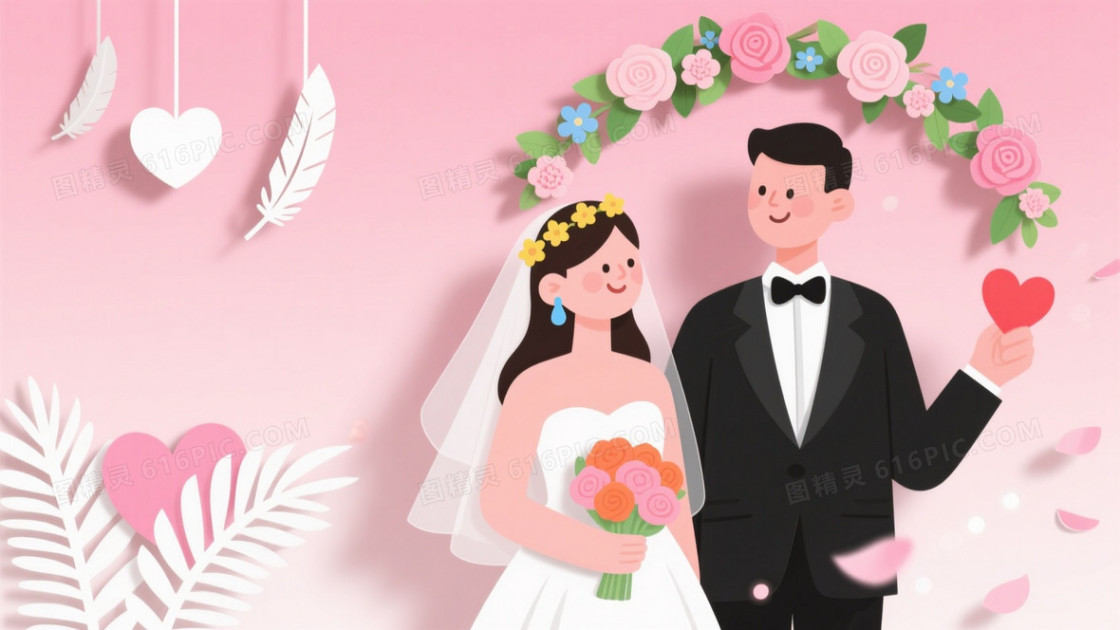 粉红渐变纸艺拼贴婚礼背景
