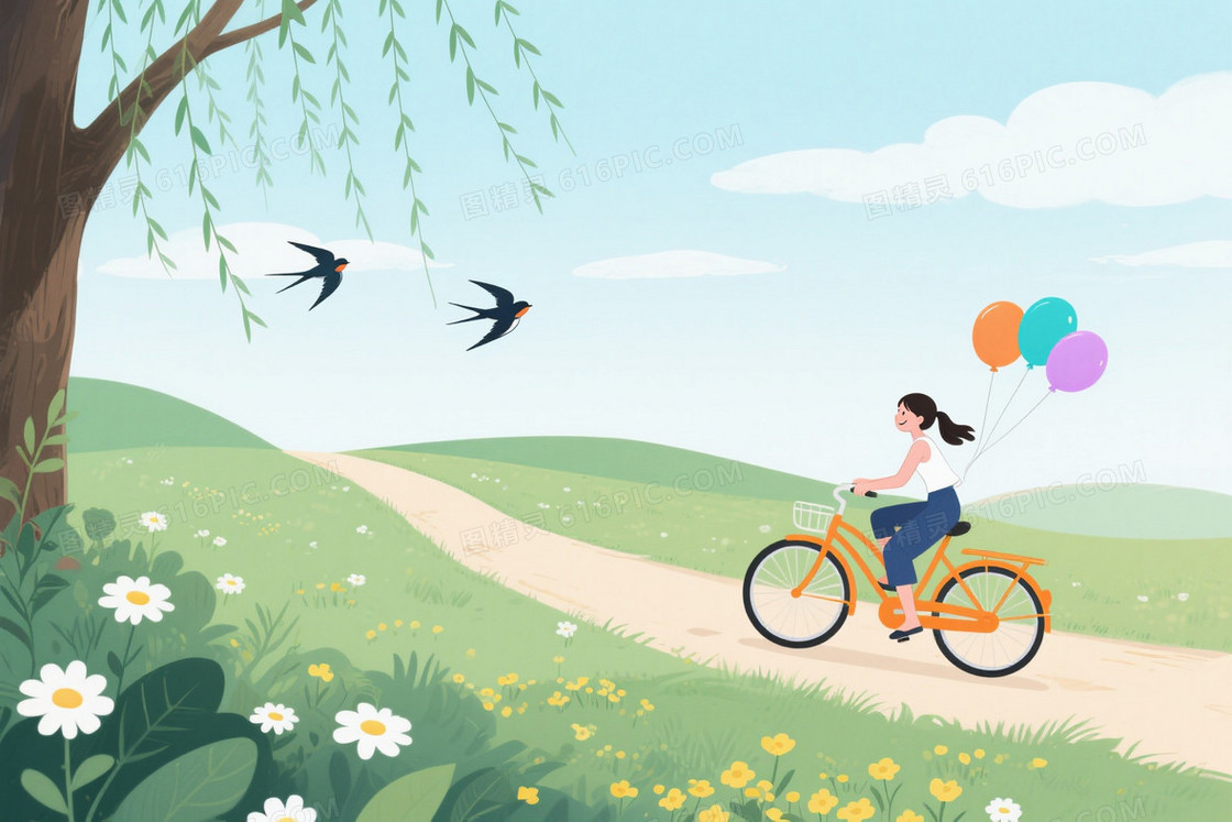 马卡龙色手绘垂柳小径背景