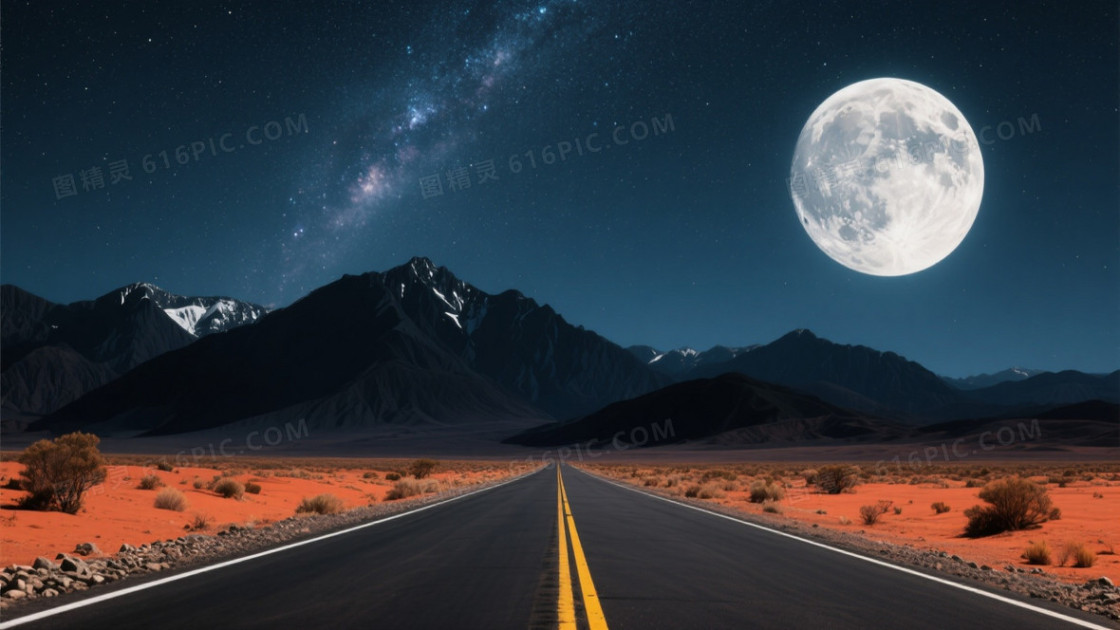 深蓝夜空银河满月山脉公路背景