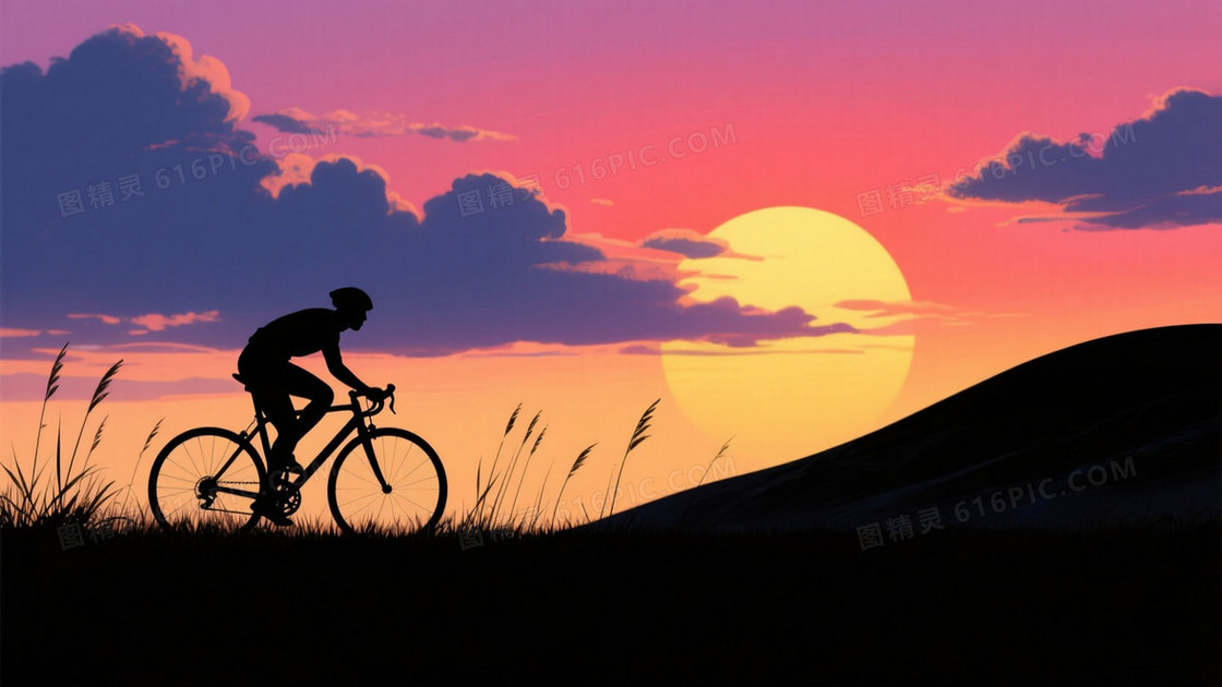 金红渐变剪影骑行山丘背景