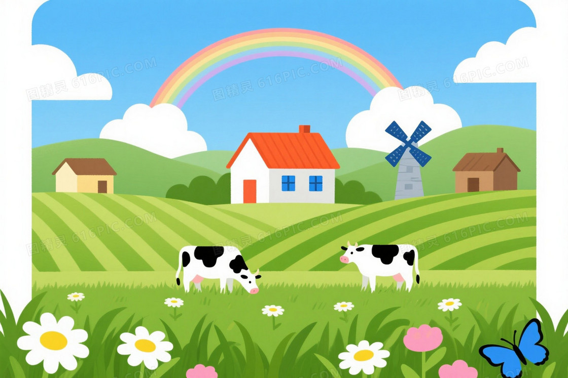 明快田园插画彩虹山丘背景