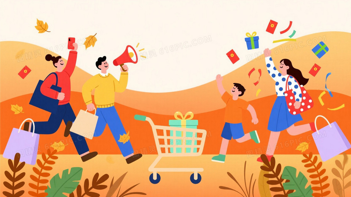 暖橙渐变波浪山丘插画背景