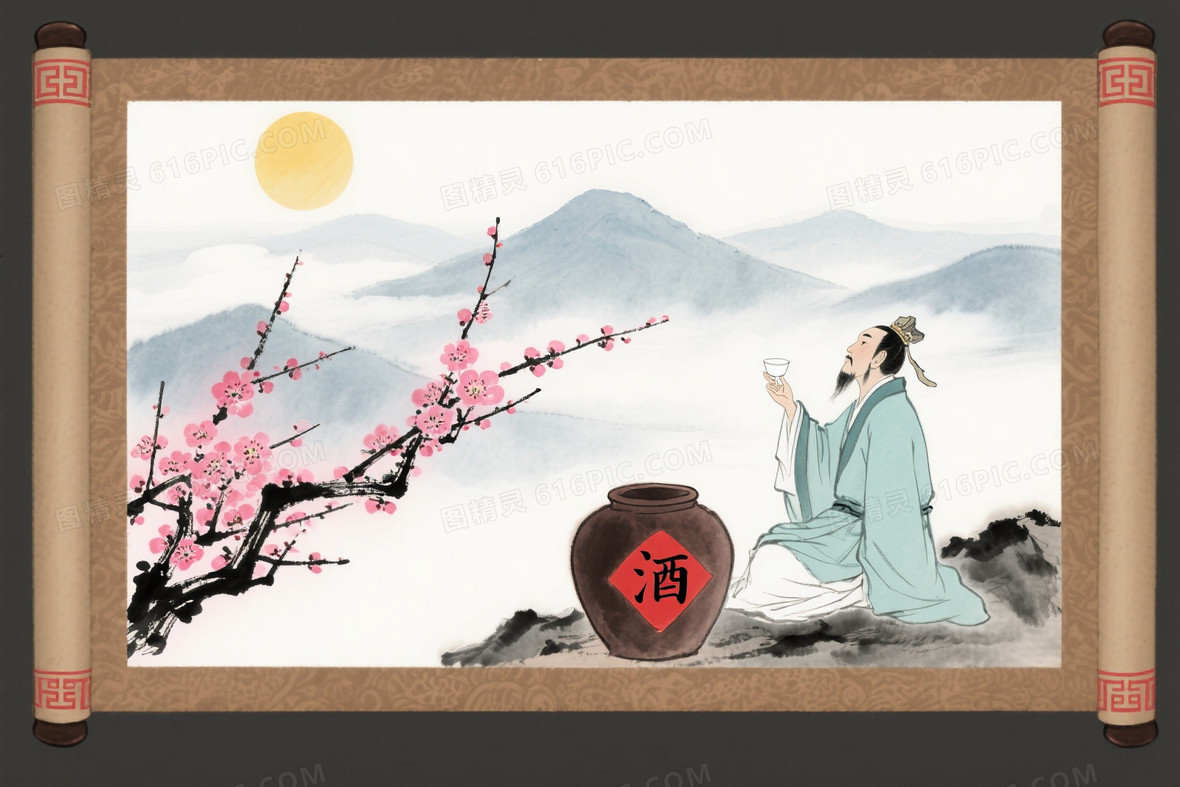 青灰粉褐水墨梅花远山背景背景图片下载_1584x1056像素JPG格式_编号