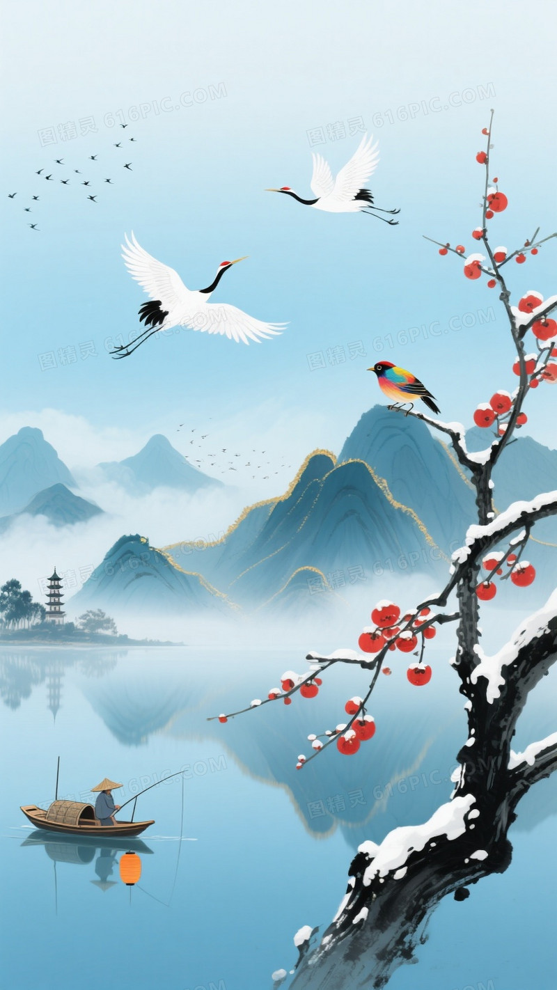 青蓝水墨山水红梅白鹤背景背景图片下载_936x1664像素JPG格式_编号
