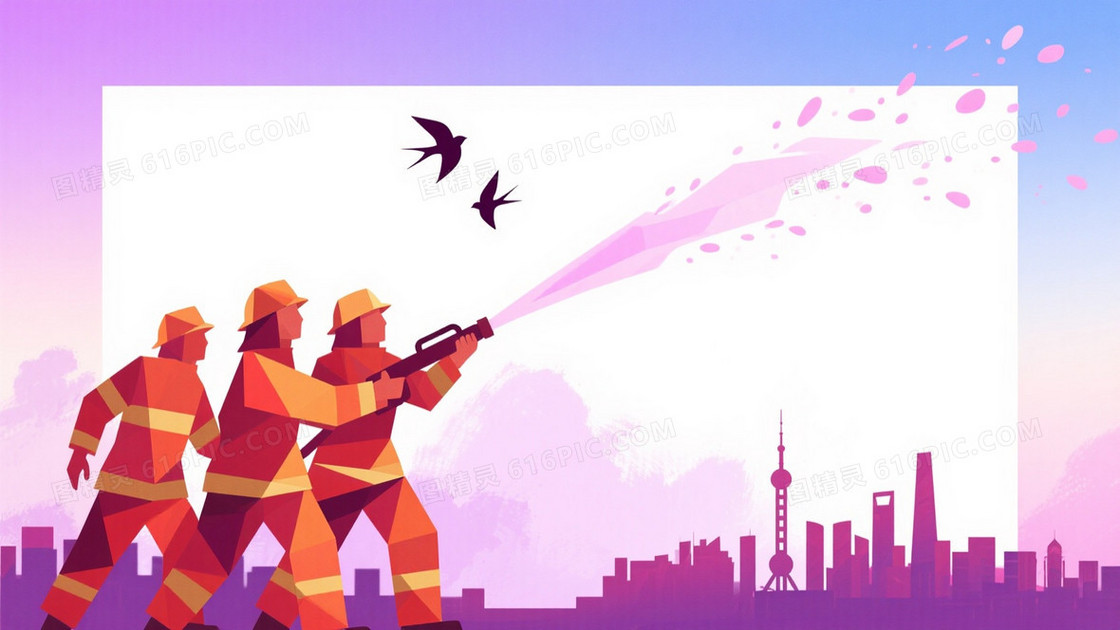 粉紫青蓝渐变低多边形消防员背景