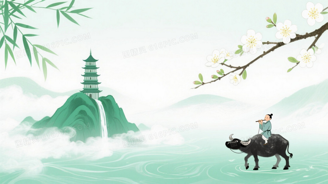 青绿浅白水墨竹樱山塔背景