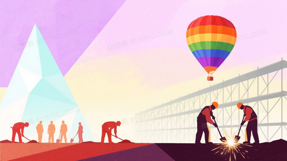 粉紫淡黄浅青渐变几何工人剪影背景