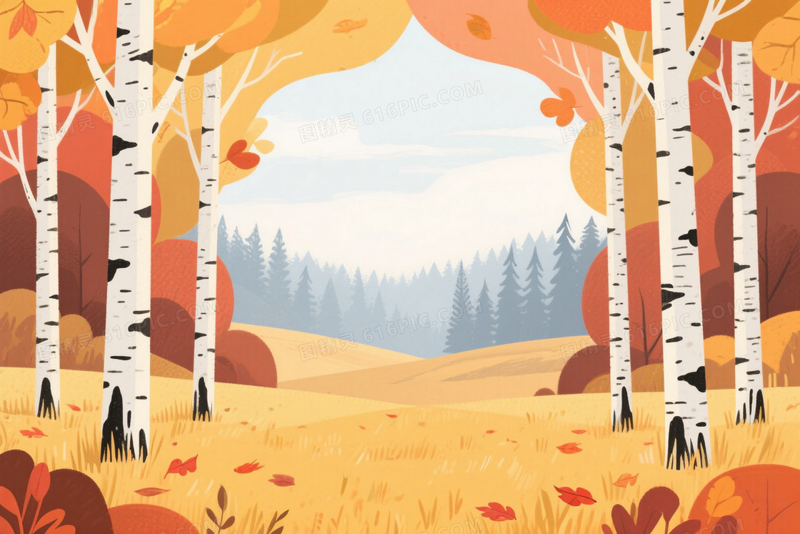 暖调扁平白桦林插画背景