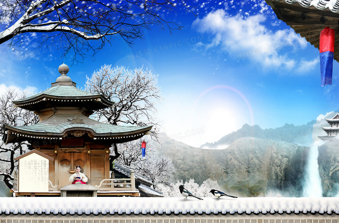 韩国雪地小鸟枯树印刷背景