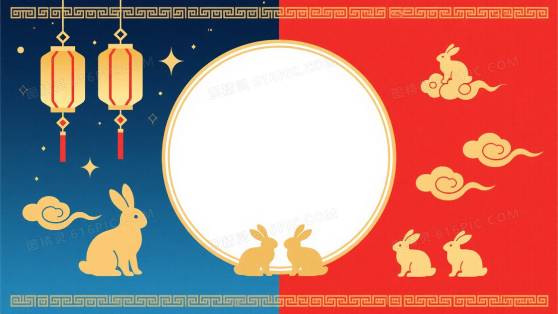 红蓝双色中国风新年插画背景