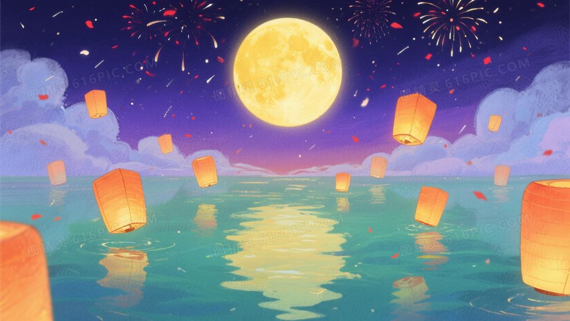 深蓝紫渐变金月灯笼背景