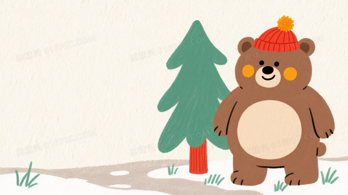米白手绘卡通小熊圣诞背景