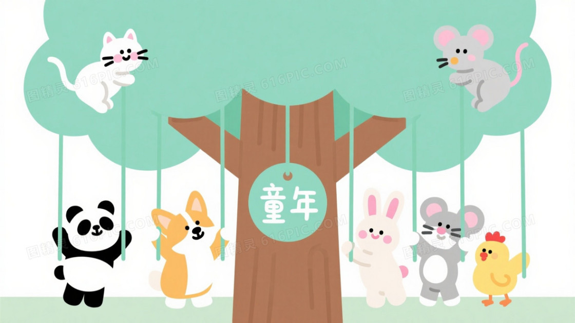 纯白扁平插画童趣大树背景