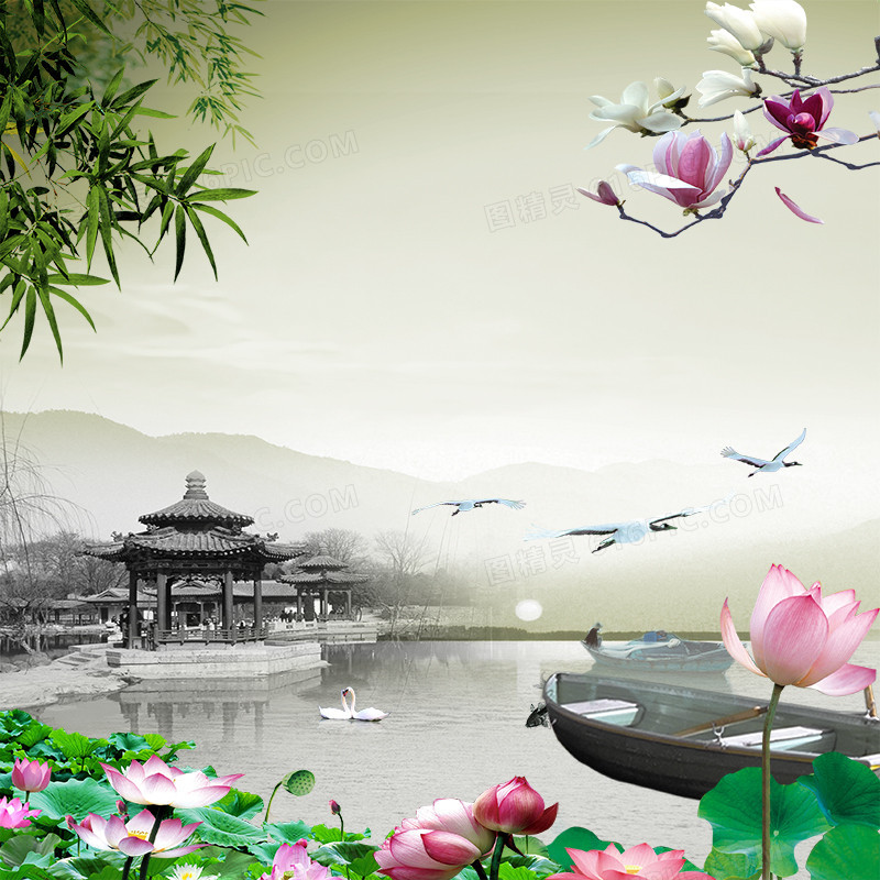 中国风湖面荷花轻舟背景
