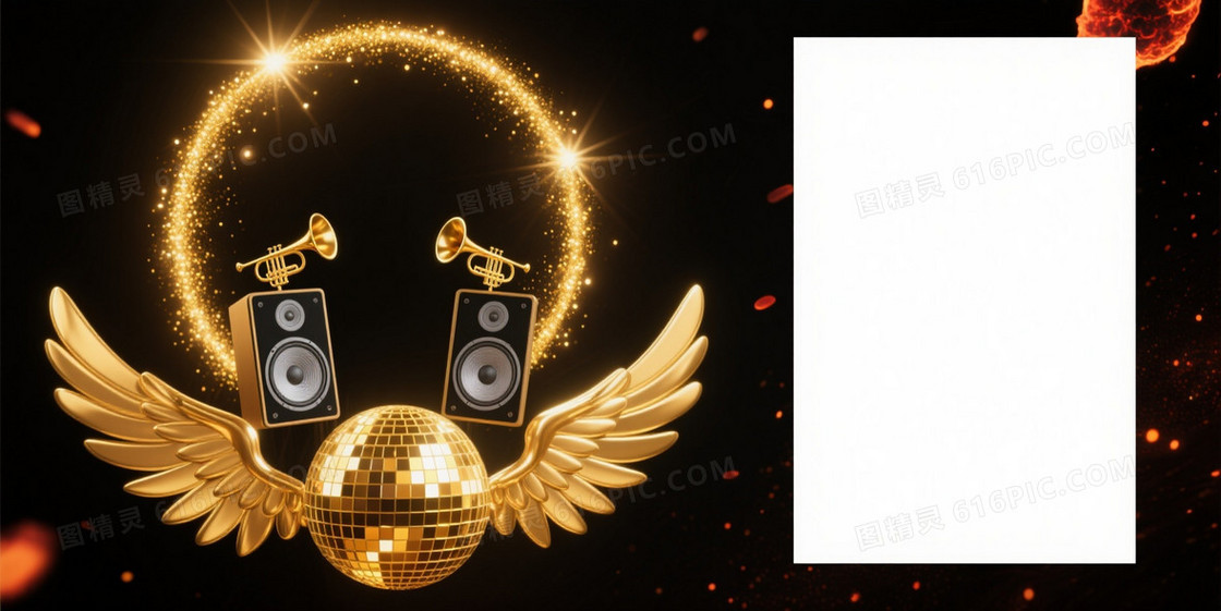 深黑背景金色光环羽翼音响迪斯科球背景