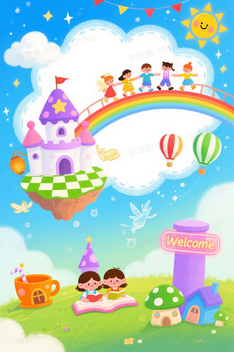 高饱和梦幻童话插画背景