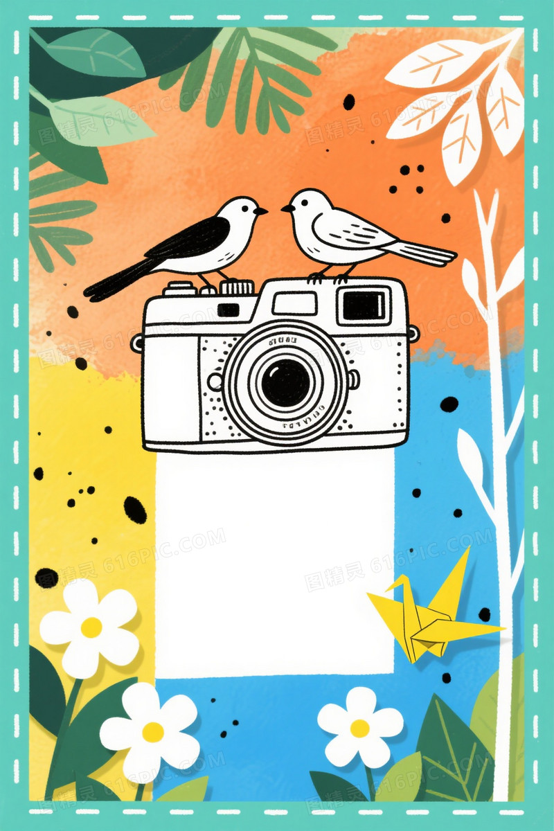 青绿边框水彩晕染手绘相机背景