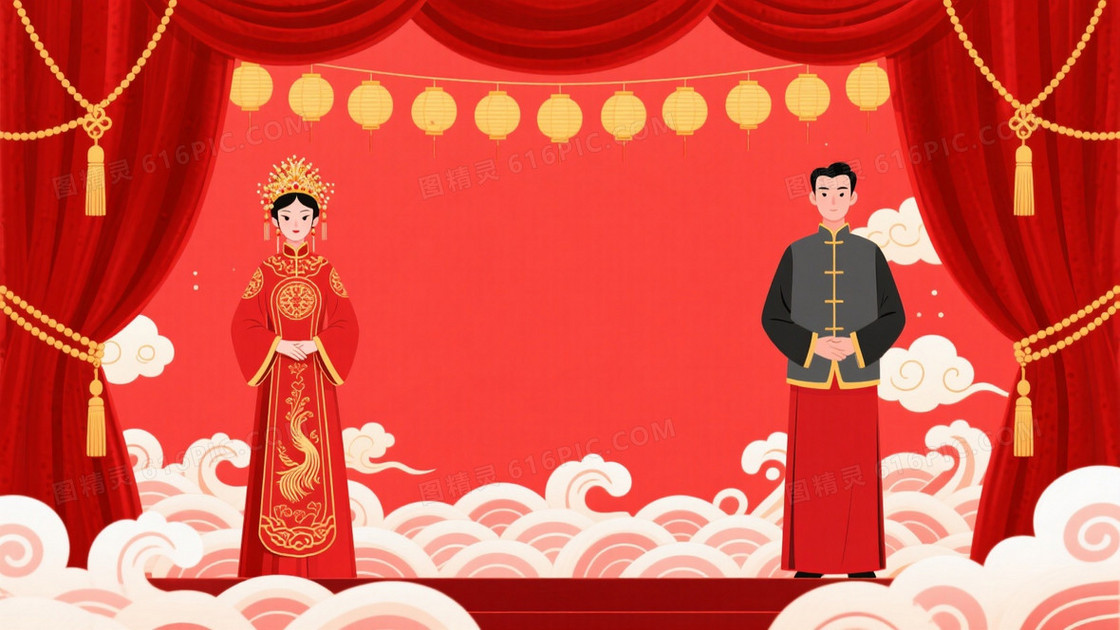 朱红喜庆扁平插画背景