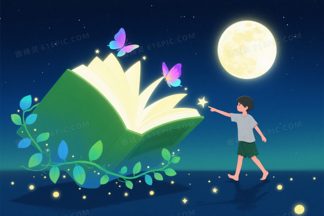 深蓝梦幻满月书页蝴蝶背景